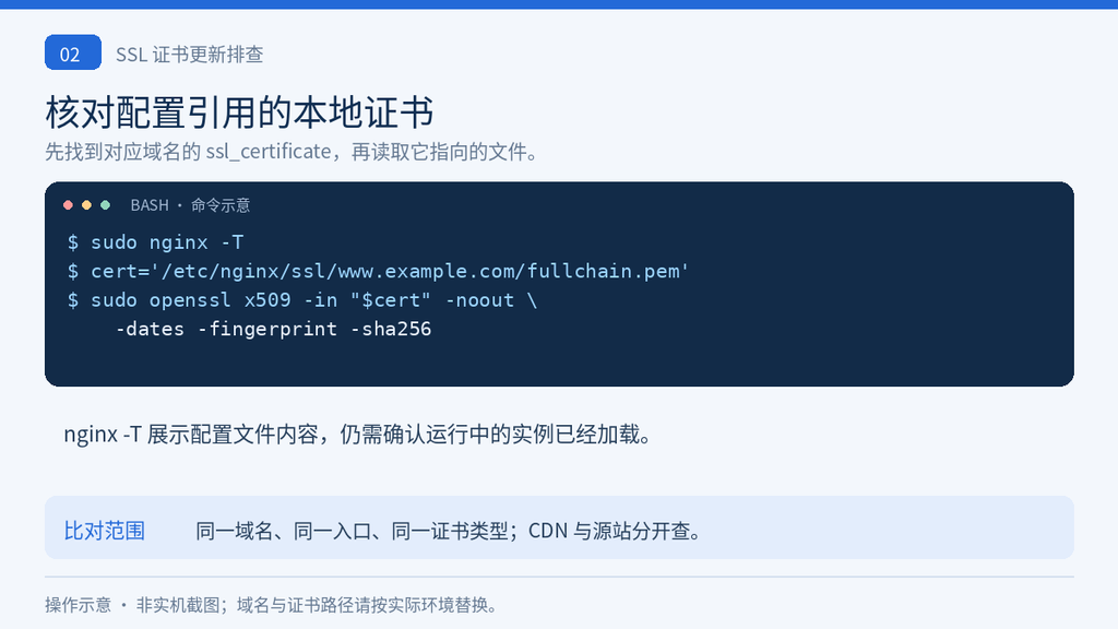 核对 Nginx 配置引用的本地证书文件和指纹