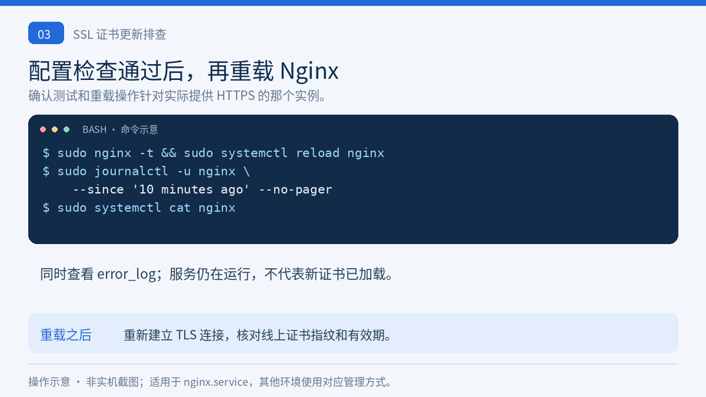 检查 Nginx 配置、重载服务并查看相关日志