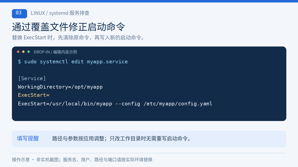 使用 systemctl edit 覆盖配置并替换 ExecStart 启动命令