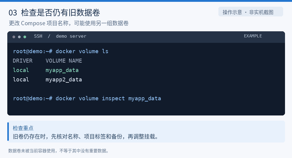 检查 Docker 旧数据卷及 Compose 项目名称变化