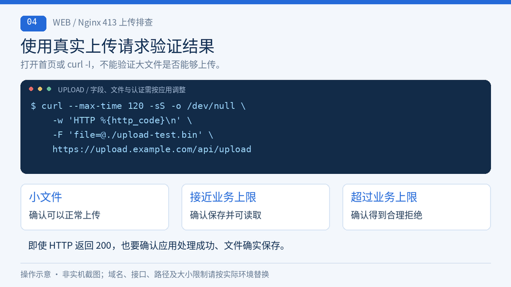 使用 curl 上传文件验证 Nginx 413 修复结果